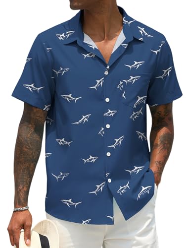 Men Button Up Short Sleeve Hawaiian Shirt Summer Tropical Beach Shirts for Vacation Fishing