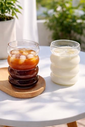 Image of COOLBIT Round Wave Looked Glass Cola Mug CanCoffee Glass Sipper with Straw-500ml-Pack of 2- Milk Cup -Juice Green Tea Glass Tumbler with Straw