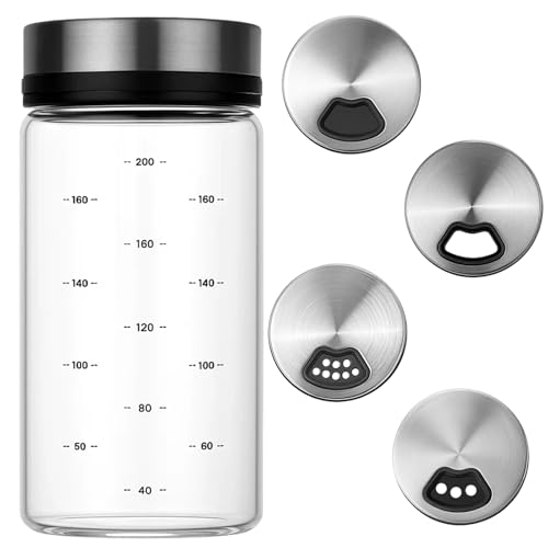 1PCS 200MLSalt and Pepper Shakers, Salt Dispenser with Lid, Spice Shaker for Kitchen, Sugar and Powder Container, Glass Salt Shaker, 12.4 x 5.7 cm