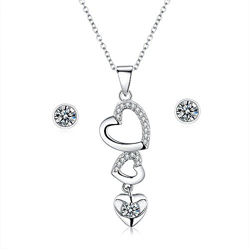 Sreema London Parure de Bijouz Trilogie De Coeurs - Collier Pendentif + Boucles d'oreilles - Argent 925 et Cristaux de Zircon - Boite Cadeau Incluse - Ideal Anniversaire