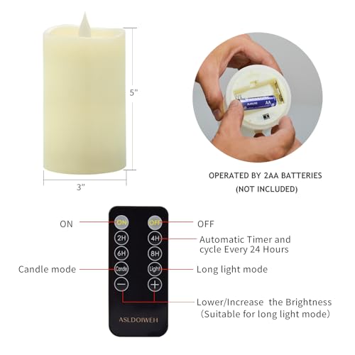 Image of 3 inch x 5 inch Flameless Candles Set of 1, 2AA Battery Life 600 Hours Battery Candles Flickering with Timer, 5 inch Flameless Candles with Remote for Indoor /Outdoor, Ivory