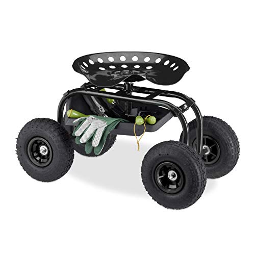 Relaxdays Rollsitz, für Garten & Werkstatt, 150kg, höhenverstellbar 48-56 cm, fahrbarer Gartensitz mit 4 Rädern, schwarz