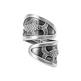 Vintage Silver Fish Spoon Rings Personalized Statement Bohemian Finger Open Ring Wrap Bands Retro Oxidized Spoon Adjustable Comfort Fit Jewelry Christmas Birthday Gifts for Women Men
