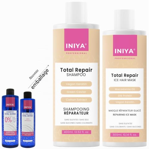 Shampooing & Soin Réparateur Sans Sulfate | Iniya Duo Kit Réparation | Shampooing Réparateur 400ml et Masque Réparateur 300ml Lissage Brésilien & Tanin – vue 2