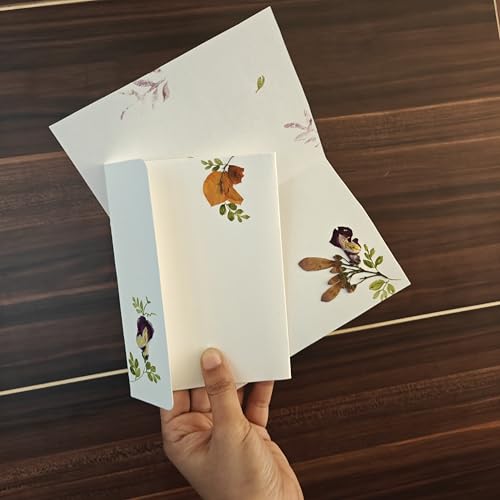 Image of PetalsByShweta, Pack of 6, A5 size pressed flower & watercolor painted letter writing papers & Envelopes with tags . White Kraft Paper Envelopes | Envelopes for cards | Pressed Flower Design | invitation writing paper | Thank you notes writing (Mogra white) (Mogra white)