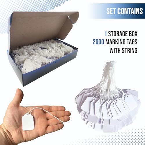 Image of 2000 White Price Tags - Strung Display Tags, 1.75 x 1.093 inch for Product, Jewelry, Clothing, Yard Sale, Garage Supplies
