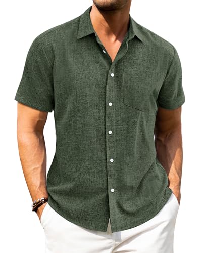 J.VER Olive Green Shirts Mens Linen Short Sleeve Summer Fashion Beach Holiday Casual Fashion Button Down Shirt 2XL