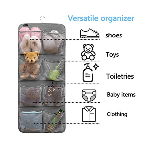 Dual-Sided Hanging Closet Organizer for Socks Underwear Bra Kids Storage Organizer for Baby Clothes Toddler Shoes with 26 Pockets (Grey-Mesh Pockets) - Image 4