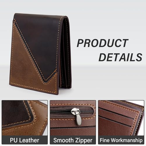 Mens Leather Wallets, Minimalist Bifold Compact Wallet, Slim Card Wallet with Coin Pocket and Multiple Card Slots (coffee)3