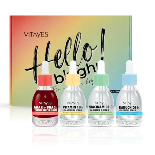 Vitayes Beauty Box mit 4x Serum für Haut und Gesicht: AHA+BHA, Niacinamide, Bakuchiol & Vitamin-C Serum mit Panthenol - Komplette Hautpflege