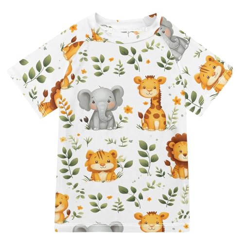 ALAZA Boys Swim Shirt Short Sleeve Rash Guard for Boys Girls UPF 50+ Cartoon Elephant Tiger 9-10T