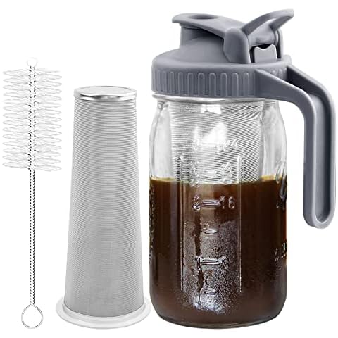 Cold Brew Coffee Maker Pitcher, 32 oz Thick Glass Mason Jar Spout Lid with Handle & Stainless Steel Filter for Iced Brew Coffee, Ice Lemonade, Sun Tea, Fruit Drinks Container Cover