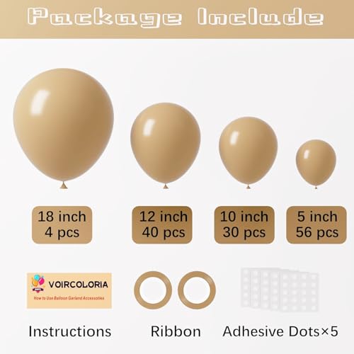 Image of Voircoloria 130pcs Tan Balloons Different Sizes 18 inch 12 inch 10 inch 5 inch Light Brown Latex Balloon Garland Arch Kit for Birthday Baby Shower Graduation Wedding Gender Reveal Anniversary Party Decorations