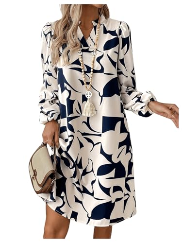 SweatyRocks Women's Geometric Pattern Printed V Neck Dress Collar Lantern Long Sleeve Casual Dresses4