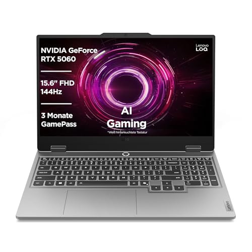 Lenovo LOQ Gaming AI Laptop | 15.6" Full HD 144Hz | NVIDIA GeForce RTX 5060 8GB | AMD Ryzen 7 250 | 16GB RAM | 1TB SSD | Win11 | QWERTZ | Weiss-Beleuchtete Tastatur | Grau | 3 Monate Game Pass