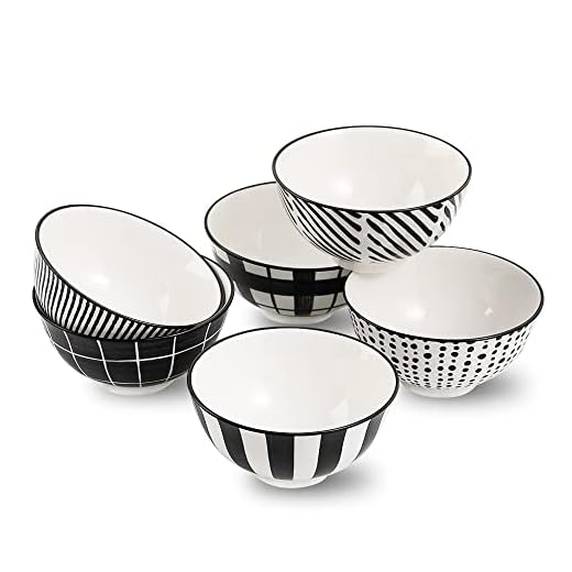 Tazones Desayuno Cuencos Ceramica Pequeño - Cuenco Sopa Negro y Blanco 300 ml - Bol para Cereales | Postre | Helado | Arroz | Snack | Aperitivos | 12 cm - Apto para Lavavajillas y Microondas - 6 Pieza