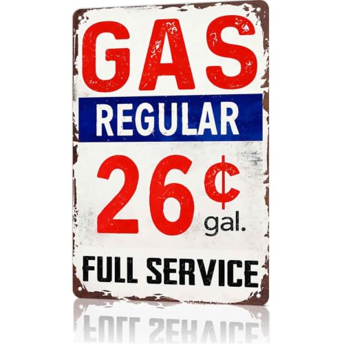 Vintage Gas Station Regular 26 Cents Full Service Aluminum Metal Sign 8x12 Inch, Funny Themed Wall Decor for Living Room Bedroom Office Bar Café Garage and Restaurant