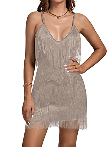 Image of Umenlele Women's Layered Fringe Deep V Neck Cami Mini Dress Sleeveless Tassels Flapper Dresses