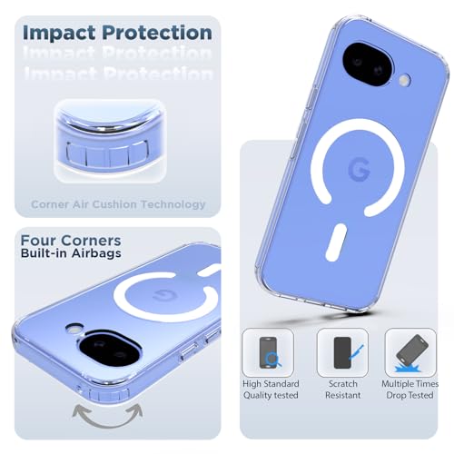 Image of RIGGEAR Shockproof Clear Hybrid Armor Magnetic Back Cover Case Compatible with MagSafe Accessories for Google Pixel 10a (Transparent PC and TPU Bumper)