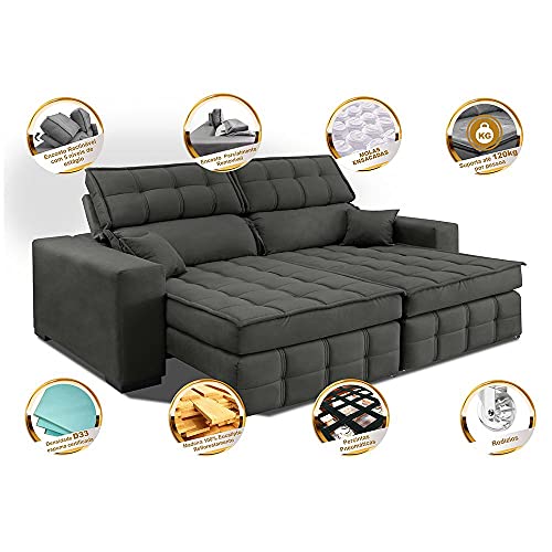 Sofá Retrátil e Reclinável 2,20m Molas Ensacadas e Costura Tripla Cama Inbox Nobre Suede Cinza