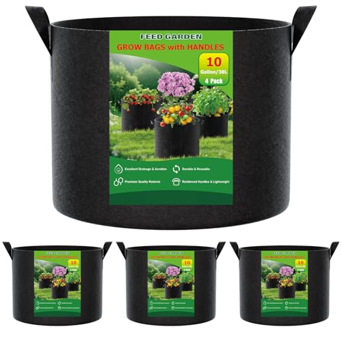 FEED GARDEN 10 Gallon Grow Bags – 4 Pack Heavy Duty Nonwoven Fabric Pots for Vegetables, Tomatoes, Herbs – Breathable Reusable Plant Containers for Indoor & Outdoor Gardening