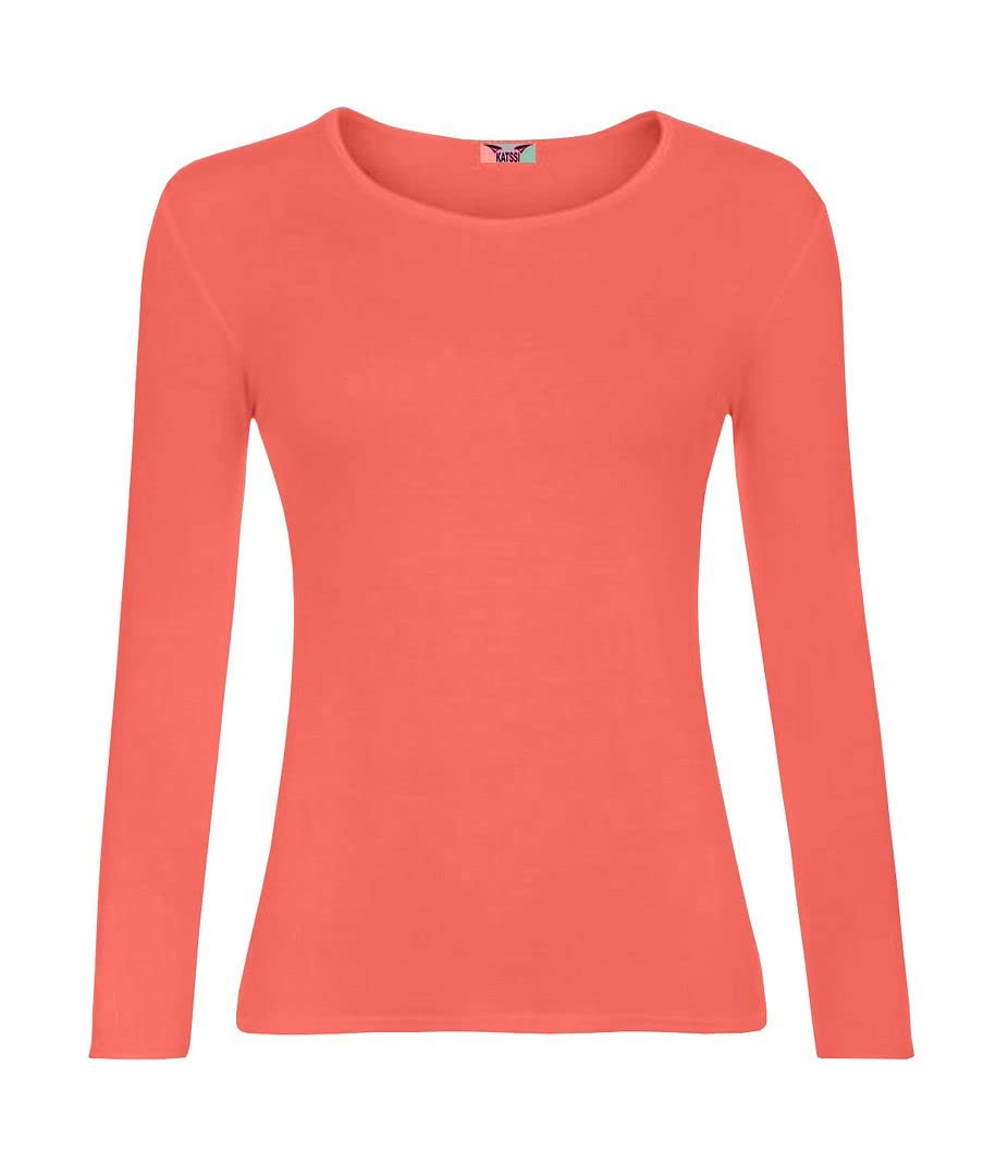 KATSSI Women’s Ladies Long Sleeve Stretch Plain Round Scoop Neck T Shirt Top XL Coral