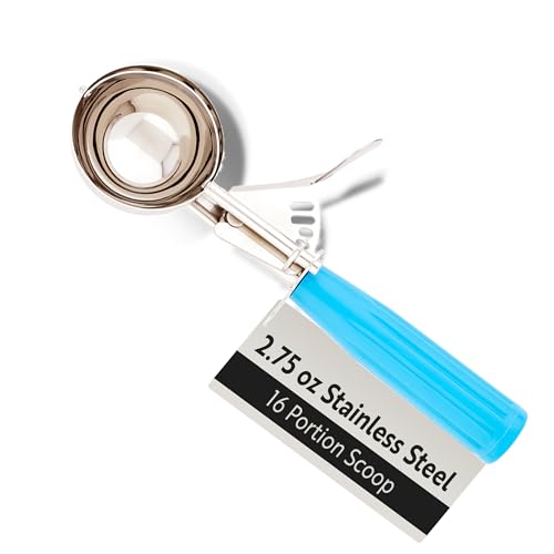 Image of Restaurantware 2 Ounce Portion Scoop, 1 Trigger Release Stainless Steel Cookie Scoop - With Blue Handle, Stainless Steel Disher, For Portion Control, Cookie Dough, Cupcake Batter, Or Ice Cream