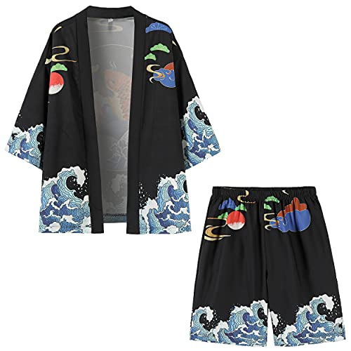 Image of PRIJOUHE Mens Kimono Set Japanese Haori & Shorts 2 Piece Summer Outfits
