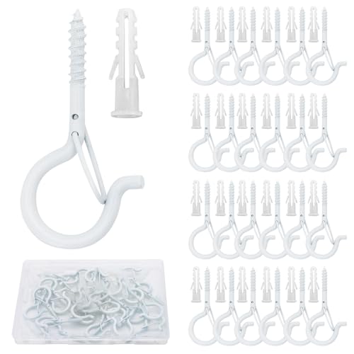 Datttcc 25 PCS Q Hanger Hooks with Safety Buckle, Windproof Screw Hooks for Hanging Outdoor String Lights, Christmas Lights,Cups, Decors,2.3 Inches, White