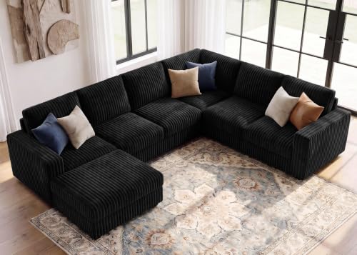 Image of HONBAY Corduroy Sectional Sofa with Ottoman, 7 Seat U Shaped Couch, Black | U-Shaped Sectional Couch with Storage Ottoman, Sectional Sofa for Living Room, Removable Cushion Covers