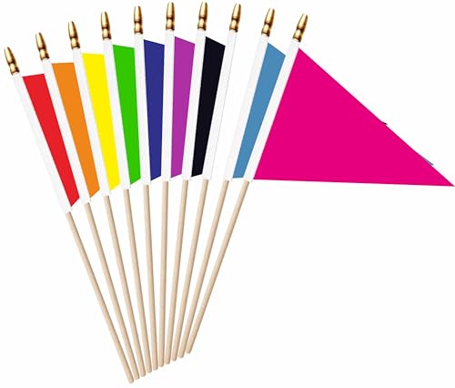 LUSEOAN 20 Pack Red White Blue Black Orange Yellow Green Purple Pink Mini Pennant Wood Stick Flag Set 5x8 Inch Solid Color Blank Hand Held Small Miniature Triangle Plain Flags for DIY Graffiti