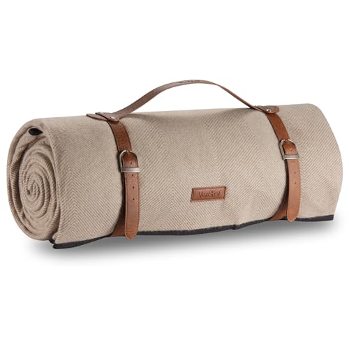 VonShef Beige Herringbone Picnic Blanket with Waterproof Backing, Picnic Mat for 10 People Weatherproof with PU Leather Handle, Water Resistant,