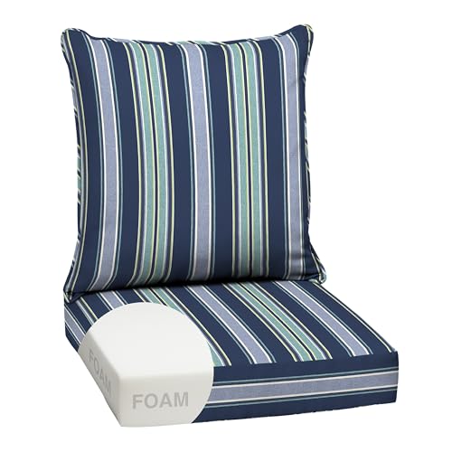 Image of Arden Outdoor Foam Deep Seat Cushions Set, 24x24, Premium High-Density Foam, Never Flattens, Weather-Proof for Patio Chair Sofa Couch, Sapphire Aurora Blue Stripe