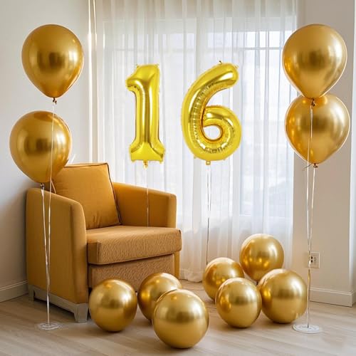 Image of 20 Pcs 16 Inch Gold Number 0-9 balloons, Number Foil Balloons, Small Mylar Numbers Balloon Custom Digital Balloons for Birthday Aniversary Baby Shower Party Decorations Supplies (Gold 2 Set)