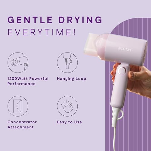 Image of WINSTON Ionic Foldable Hair Dryer - 1200W | Compact, Foldable, and Damage-Free Drying Blow Dryer with Low Noise & Overheat Protection - 1 Year Warranty (Purple)