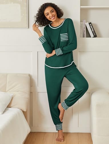 Image of Ekouaer 2 Pack Womens Pajama Sets Long Sleeve Lounge Sets Soft Pj Sleepwear Loungewear