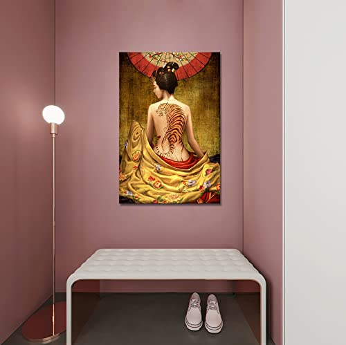 Tiuauit Japanese Woman Canvas Art Tiger Tattoo Painting Pictures Vintage Prints Artwork For Living Room Bedroom Stretched And Framed Ready To Hang 24"X36" (Yellow) #TOP2