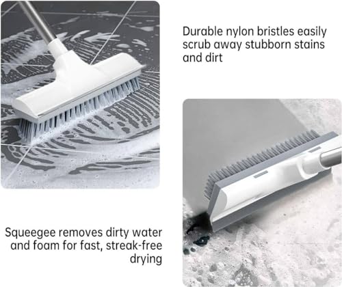 Image of Barebeauty 2 in 1 Bathroom Cleaning Brush with Long Stainless Steel Handle - Floor Scrub Brush with Wiper for Kitchen, Bathroom, Wall and Deck