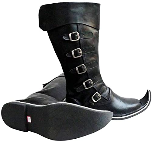 Image of AnNafi 5 Buckle Medieval Leather Boots | Renaissance Inspired Loafer Boot | Halloween Caribbean Pirate Costume Boots | Cowboy Boots (Large, Black