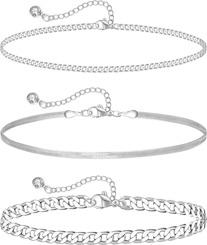HANCAO Plus Size Ankle Bracelets for Women - Extra Large 10"+2" Adjustable Sterling Silver Plated Trendy Anklet Cuban Link, Snake Herringbone - Summer Beach Waterproof Foot Jewelry