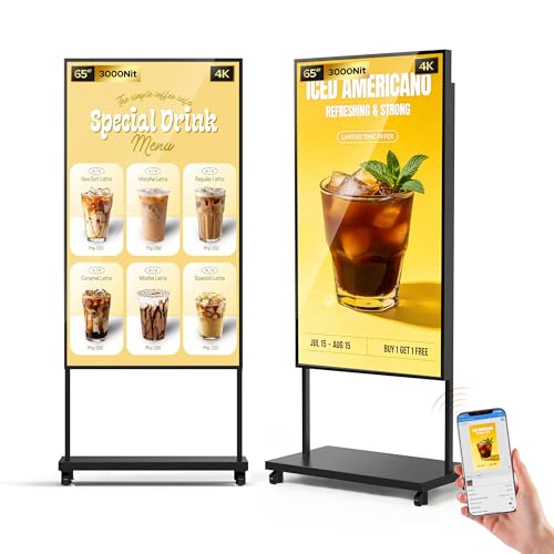JASZDOT 65 Inch Digital Signage Display, 3000 Nits Ultra Bright LCD Advertising Screen, Android 14 Mobile App Control & CMS with USB/HDMI/WiFi for Retail Restaurant Hotel