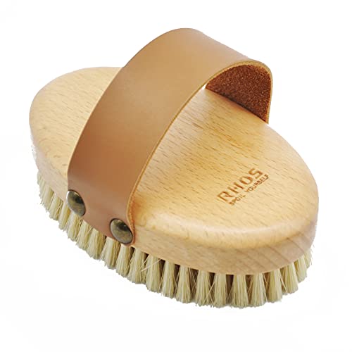 Dry Brushing Body Brush-RHOS Natural Bristle Exfoliating Brush for Dry Skin -Body Scrub Brush for Cellulite Reduction, Improve Lymphatic Drainage and Blood Circulation-Dry Brush for Massage