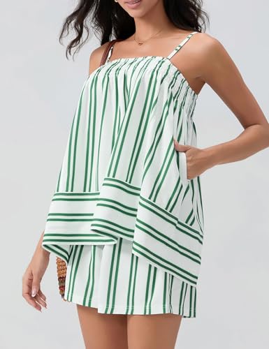 Image of Wyeysyt Women 2 Piece Lounge Set Striped Pajama Set Ruffle Hem Cami Tops and Stripe Boxer Shorts Pj Set Sleepwear