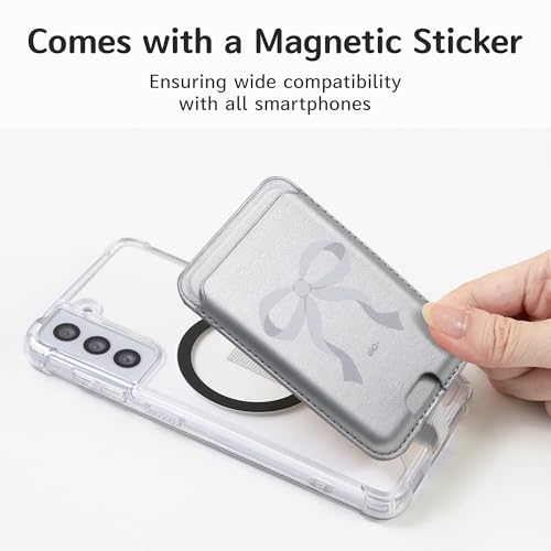 EKAX 紛失防止磁気携帯電話財布 強力な磁気設計 MagSafe対応 カード1枚収納 iPhoneやAndroidスマートフォンに貼り付け可能 (白いリボン、ポケット)