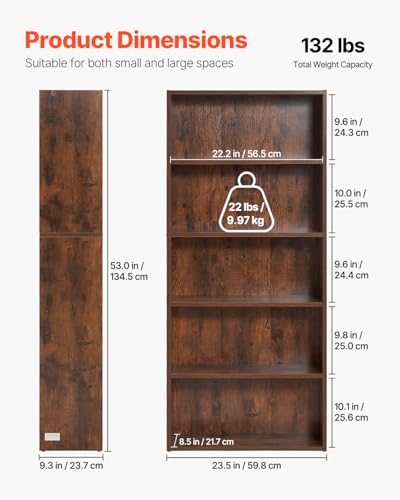 Image of VEVOR 5 Tiers Narrow Bookshelf, 53 in Wooden Open Bookcase with Height-Adjustable Shelf, Freestanding Tall Display Storage Floor Bookcase Bookshelf for Library, Bedroom, Living Room, Office, Brown