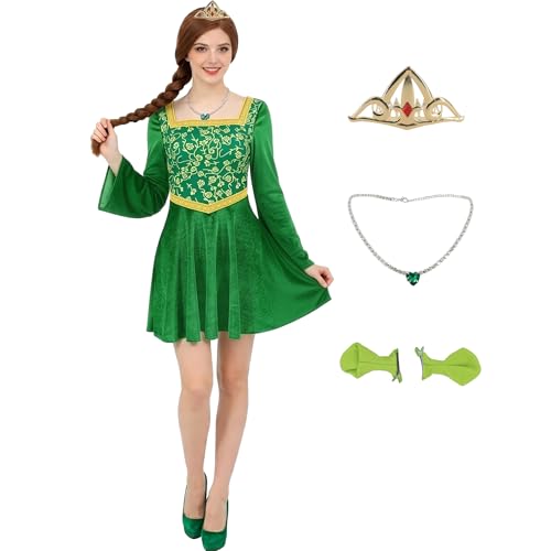 Poybraxh Fiona Costume Women Princess Dress Adult Halloween Cosplay Velvet Skirt Bodycon Dress Crown Ears Crown Necklace 2XL