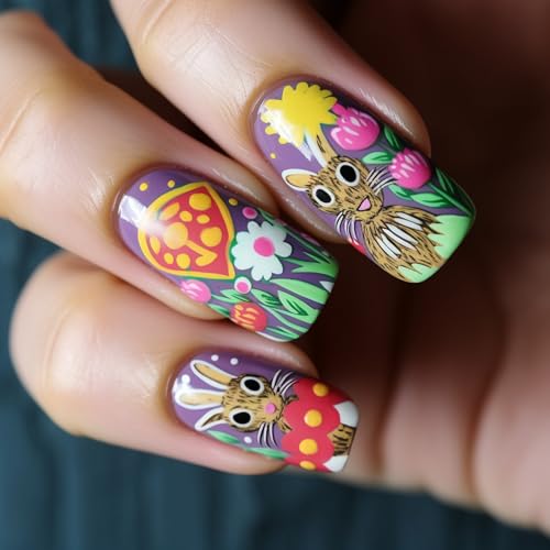 24 uñas postizas cuadradas a presión, pegamentos artificiales en diseños de Pascua, puntas francesas, diseño de Pascua