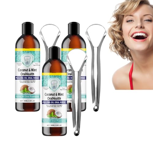 Collutorio Coconut Oil Pulling - Collutorio Coconut Oil Pulling per l'igiene orale - Risciacquo naturale per combattere la placca e l'alito cattivo - con raschietto per la lingua, 100ml (3 bottiglie)