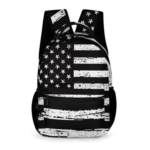 GNEW American Flag Backpack Old School Black and White Flag Backpack for Kids, Patriotic USA School Bag for Boys Girls, Elementary Middle High School Bags Travel Backpack,16.5 Inch