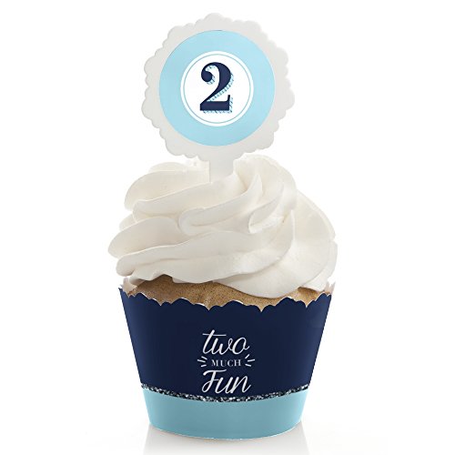 Two Much Fun - Boy - 2nd Birthday Cupcake Wrapper and Pick - Cupcake Decorating Kit - Set of 24